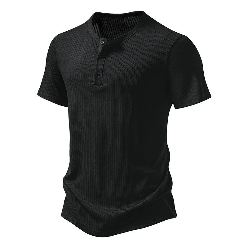2025 Mens 3Button Henley Ribbed Short Sleeve TShirt Casual B