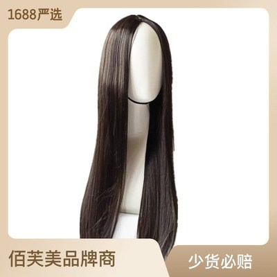 New Ladys Black Middleparted Long Straight Chemical Fiber Wi