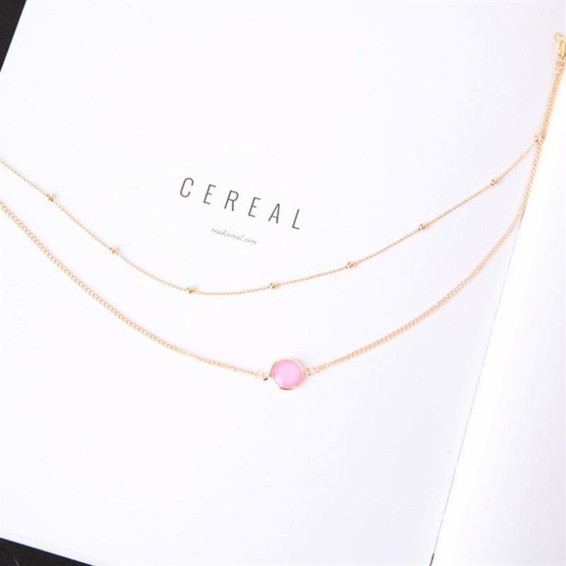 Simple Gemstone Pendant Pearl Chain Doublelayered Clavicle N