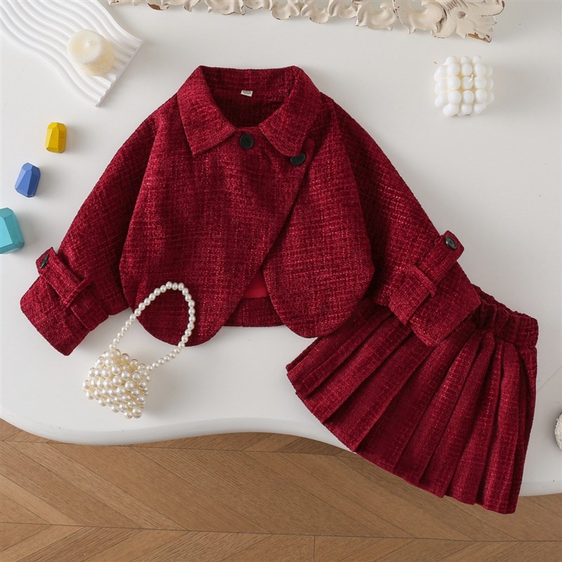 Girls Woolen Sets 6386 Spring Autumn Jacket Pleated Skirt 2P