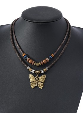 European American Butterflyshaped Wooden Bead Doublelayer Ne