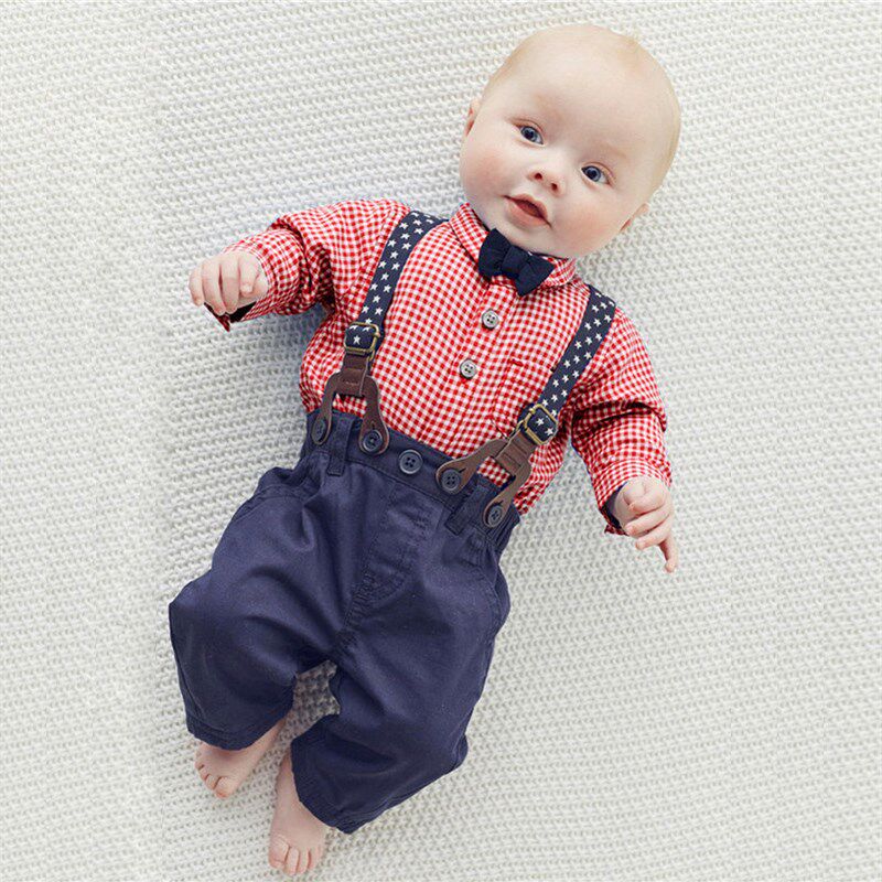 Baby Boys Gentleman Tie Plaid Shirt and Suspender Pants Set