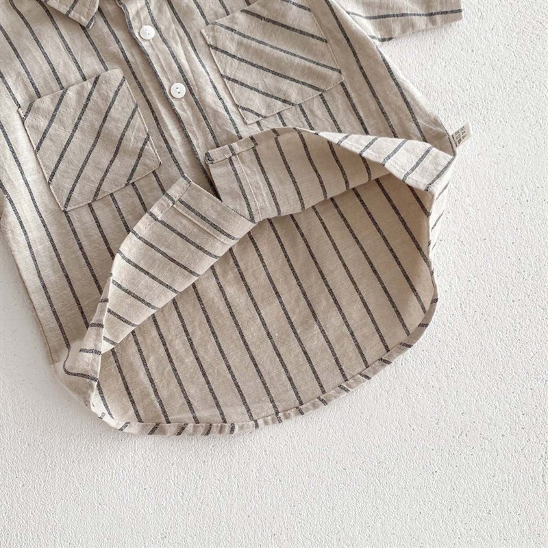 Retro Striped Short Sleeve Shirt Shorts Set Summer Thin Casu