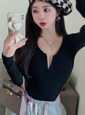 Sexy Tshirt Vneck Bodysuit 2025 Fall Fashion Sexy Vneck Body