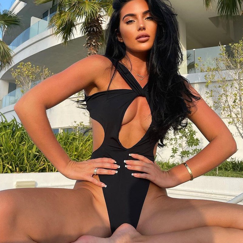 Sexy Strappy Hollow Back Black Onepiece Swimsuit for Women 2