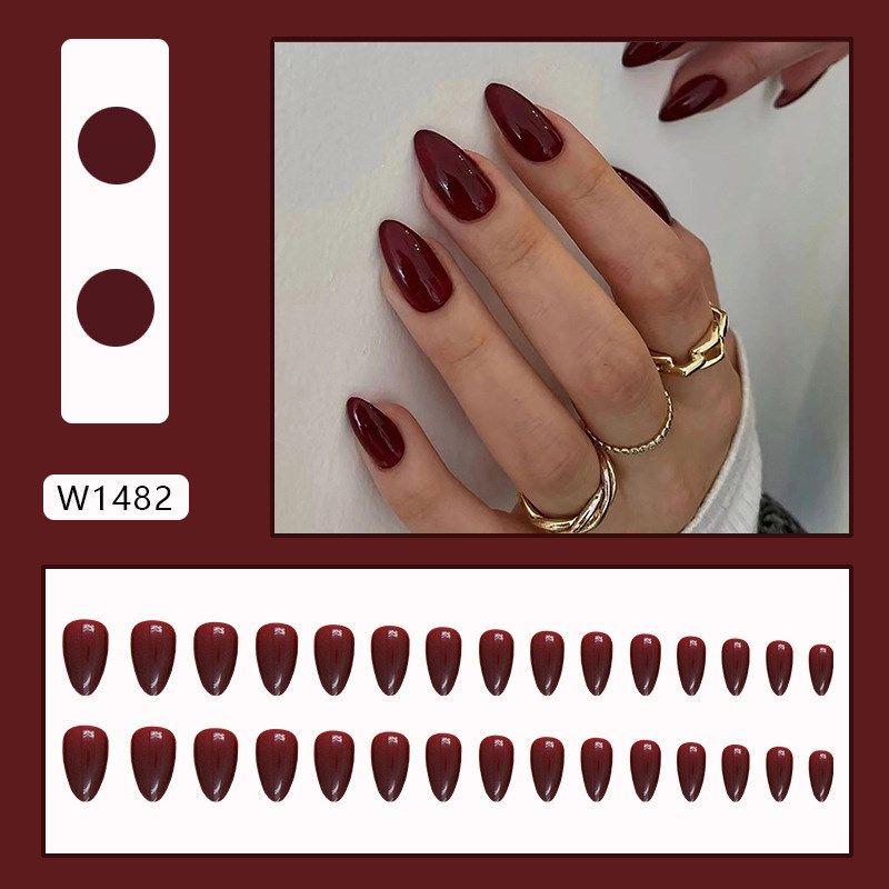 Wine Red False Nails Almond Nails Waterdrop Nails 30 Pcs Pur
