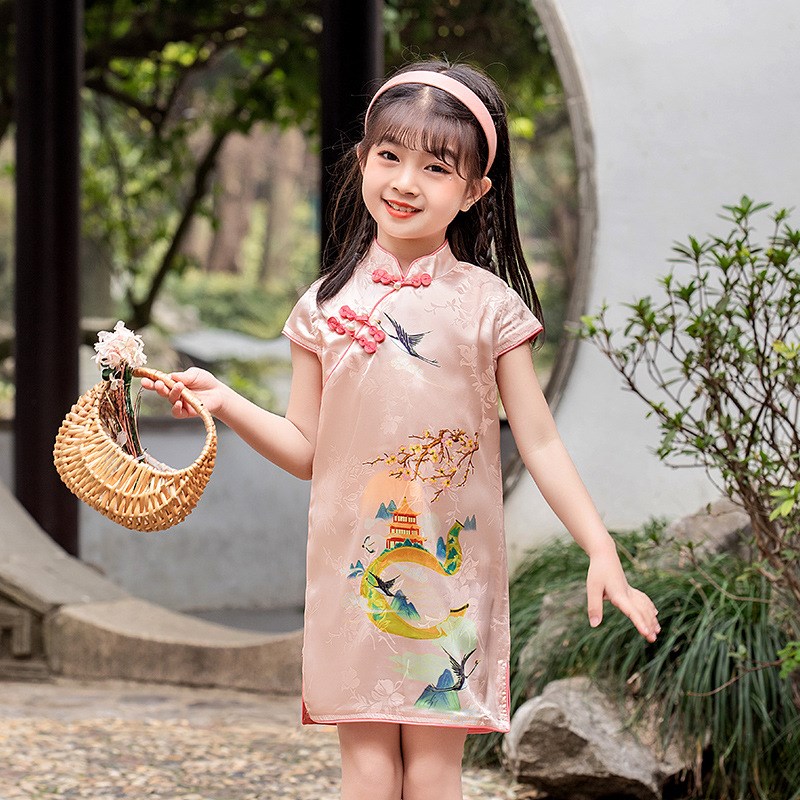 Summer Hanfu Dress for Kids Chinese Style Silklike Han Cheon