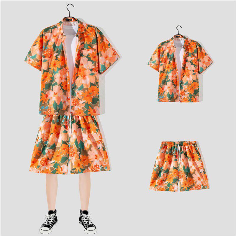 Hawaiian Style Flower Shirt Set Hip Hop Short Sleeve Shorts