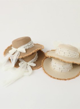 Pearl Ins Straw Hat ParentChild WideFlat Brim Beach Sun HatF