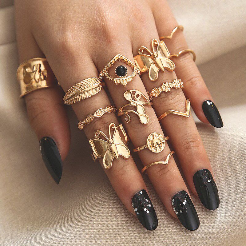 14Piece Diamond Butterfly Flower Ring Set for Women14Pc Diam