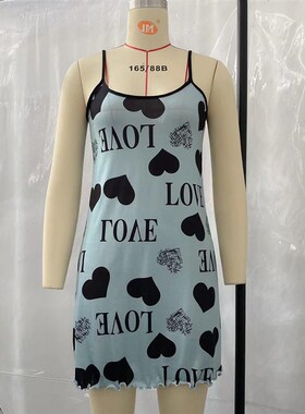 Sexy Sling Skirt Pyjamas with Cute Cartoon Love Print Backle