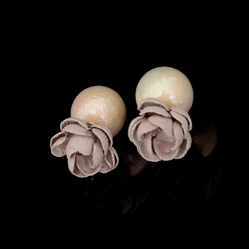 Velvet Camellia Ear Studs Sweet Style Doublesided Pearl Flow