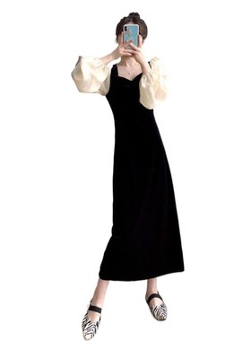 Hepburn Style Black Velvet Dress Womens SpringFall French Bu