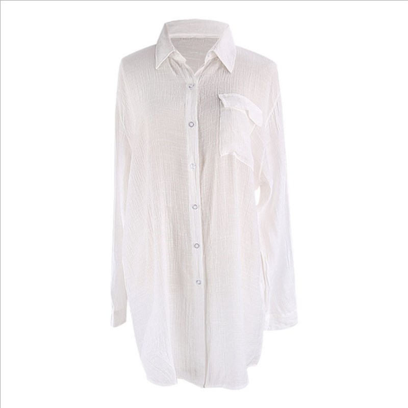 Wrinkle Fabric Shirt Beach Sun Protection Blouse 8 Colors Le