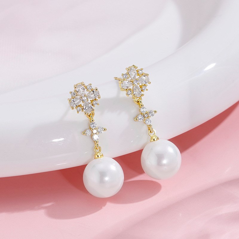 Diamond Studded Tassel Long Pearl Earrings Womens French Flo