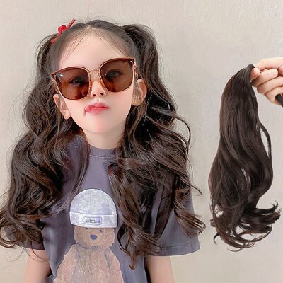2nd Type Kids Wig Girls Bandage Ponytail Black MidLong Curly