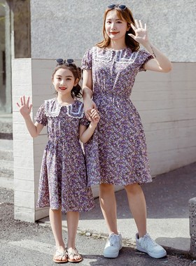 Summer ParentChild Dresses Girls Navy Style Floral Dress Fas