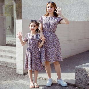 Summer ParentChild Dresses Girls Navy Style Floral Dress Fas
