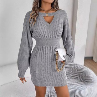 Lantern Hollowed Sleeve HipHugging Dress Solid Sweater Color