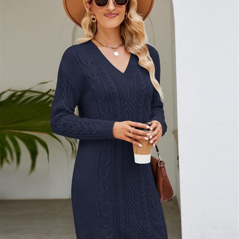 Solid VNeck Long Sweater Dress Fashion Temperament Knitted B