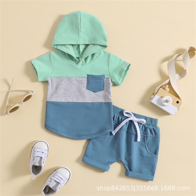 Summer Boys TwoPiece Sets Colorblocked Hooded Short Sleeve S