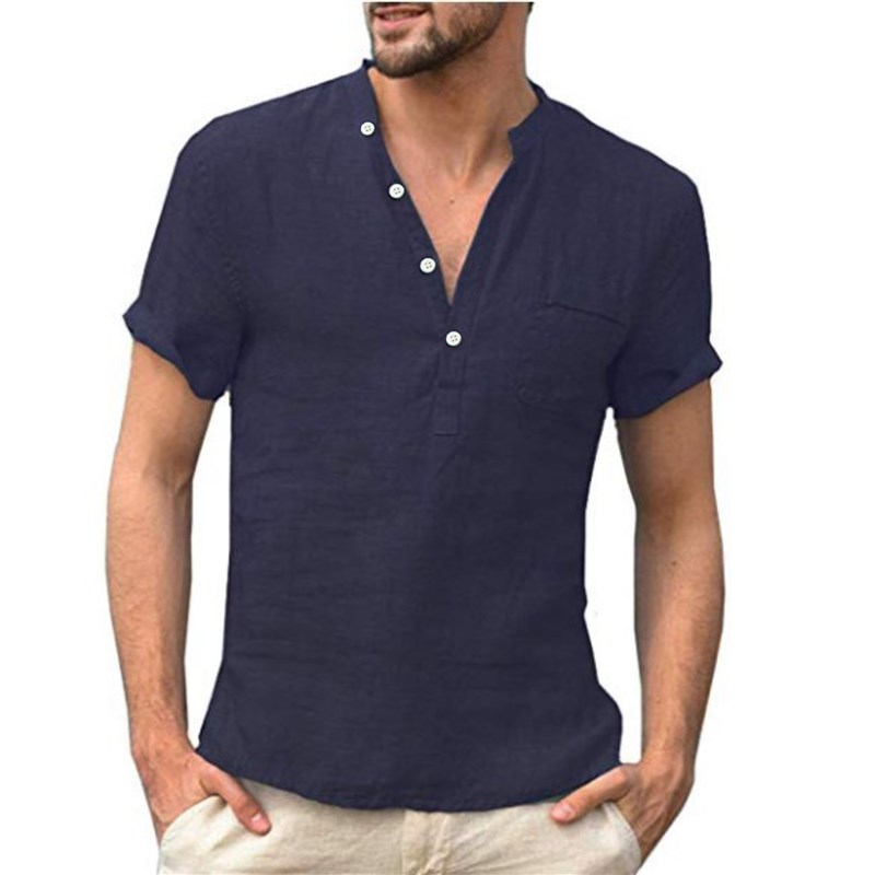 Summer Linen Cotton Tee Shirt Mens Stand Collar Button Half