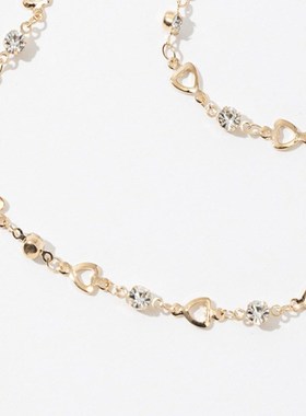 Long French Style Full Diamond Tassel Necklace Hollow Hearts