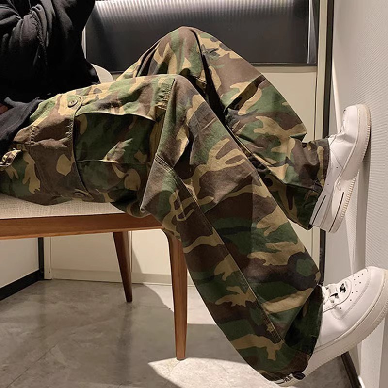 Retro Camo Cargo Pants for Men Loose Straight High Street Hi