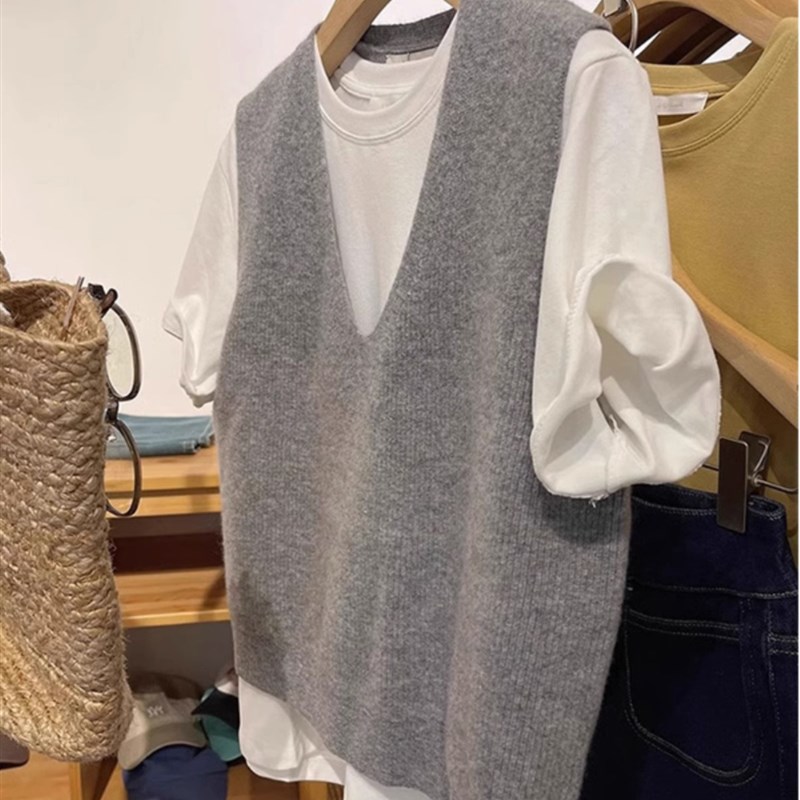 Gray VNeck Sleeveless Knit Vest Womens SpringFall Outerwear