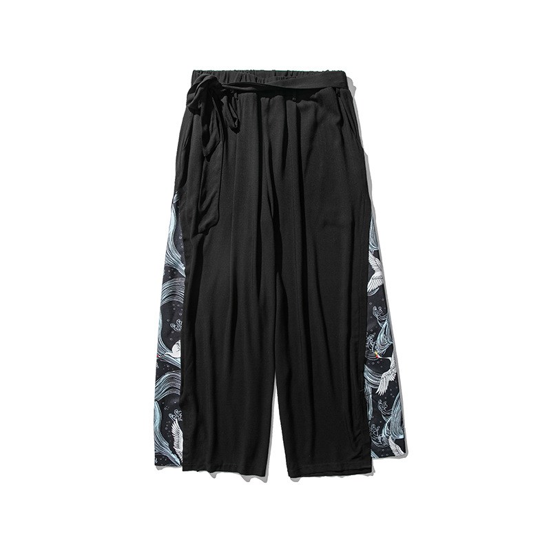 Chinese Style Hemp Pants Ethnic Crane Print Straight Leg Pan