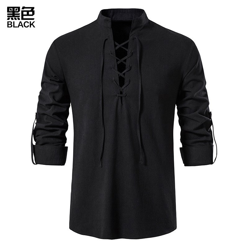 2025 Mens Cotton Linen Henley Shirt Hippie Casual Beach Coll