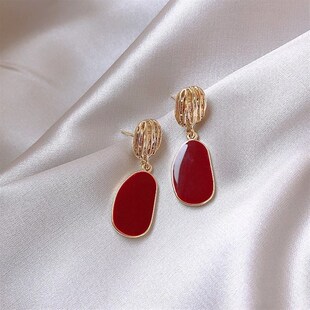 Wine Red Geometric Piece Hong Kong Style Earrings 925 Silver