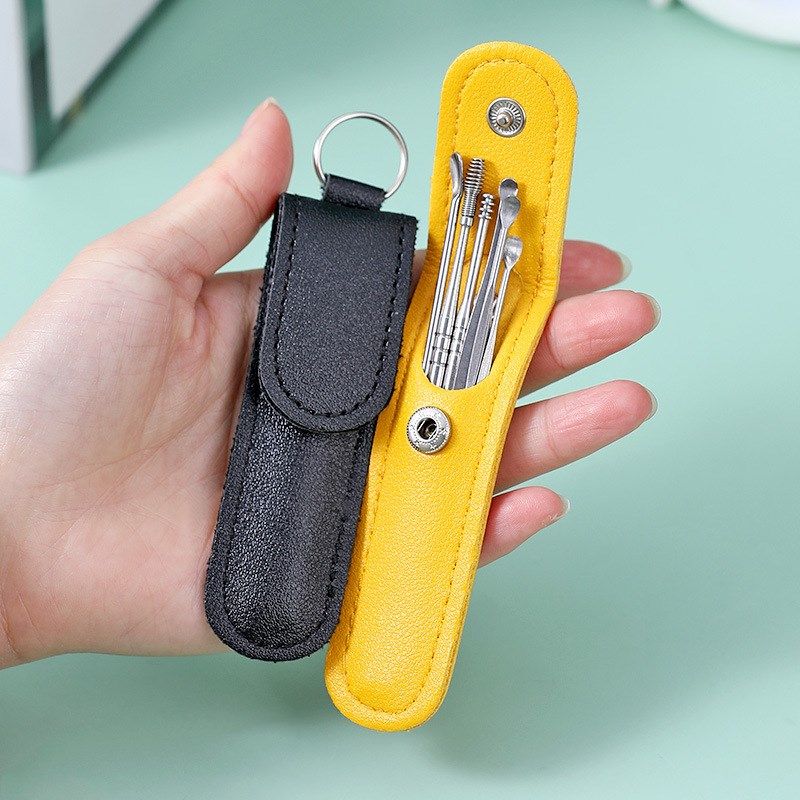 Ear Scoop Leather Sheath 6Piece Set Spiral Spring Ear Cleane
