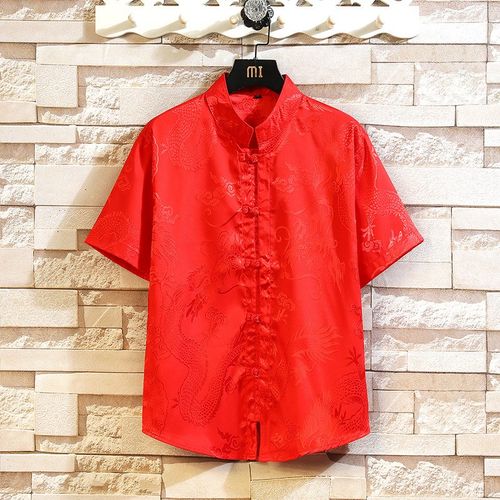 Chinese Style Mens Short Sleeve Shirt with Stand Collar Embr