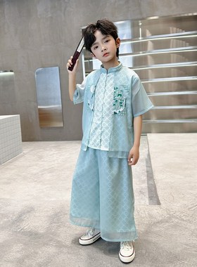 Chinese Style Hanfu Short Sleeved Embroidered Kids Outfit Bo