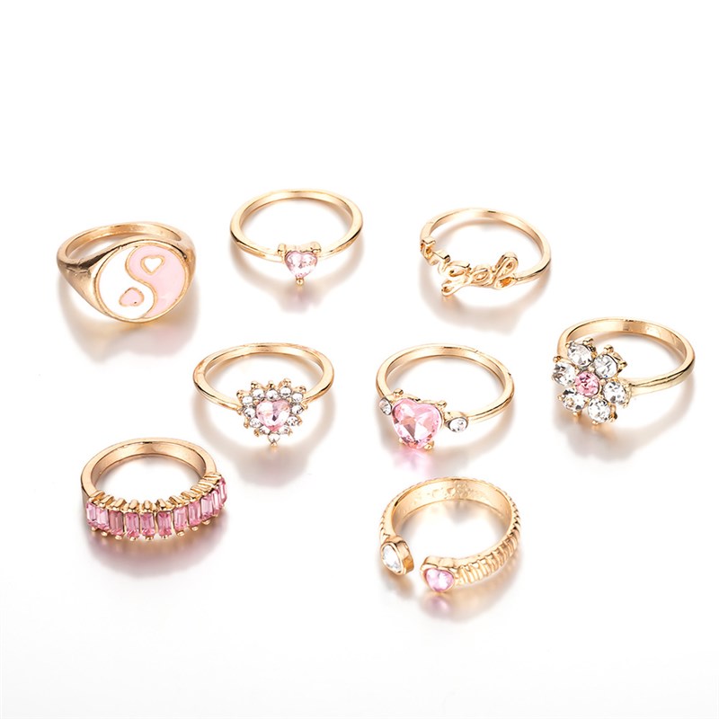 Retro Diamond Love Black Gemstone Oil Drip 8Piece Set Rings