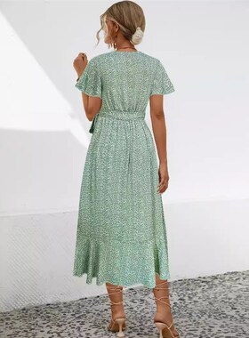 New 2025 Spring Summer eBay VNeck Ruffled TieSide Split Flor