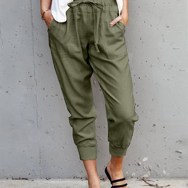 Summer Cotton Linen Solid Color Casual Trousers Womens Slimm