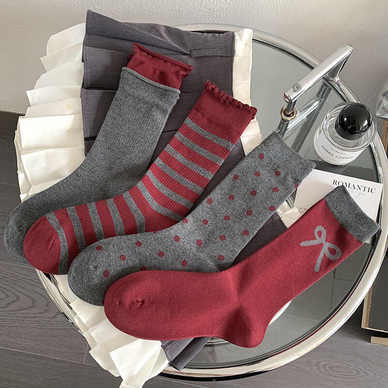 Womens Autumn Ankle Red Stacked Socks Ins Fashion Thin MidCa