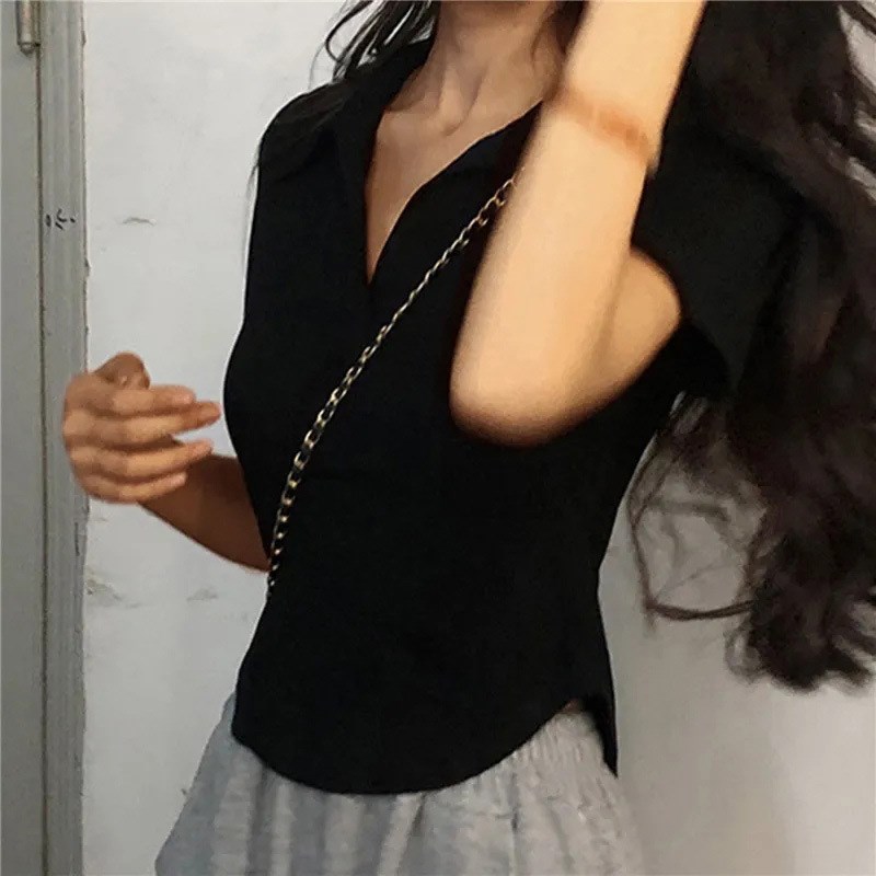 Simple Solidcolor Fashion Lapel Shortsleeve Tshirt Women Sum