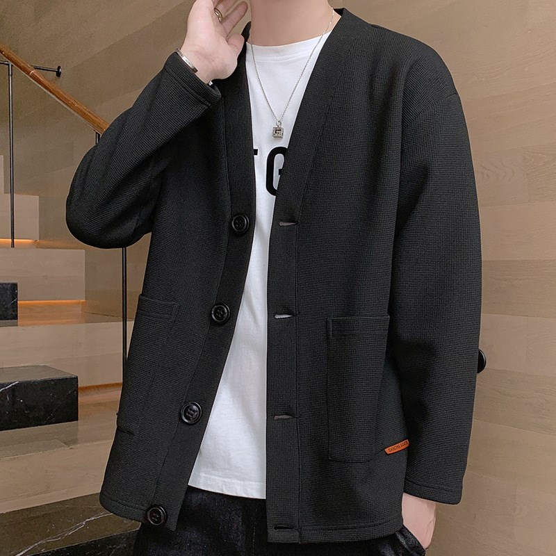 Japanese Vneck Cardigan Sweater for Men Solid Color with Pat