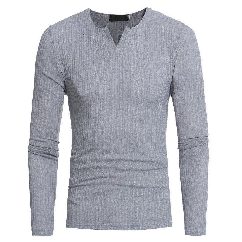 Mens EuroAmerican Knitted Slim Strip Long Sleeve Vneck Tshir