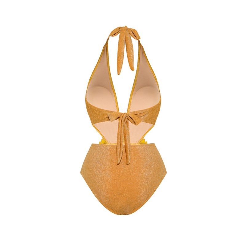 European American Gold Glossy Onepiece Swimsuit Womens Halte