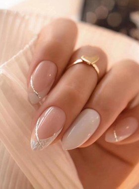 Fake Nails Almond Shape MidLong French Glitter Nail Tips 24P