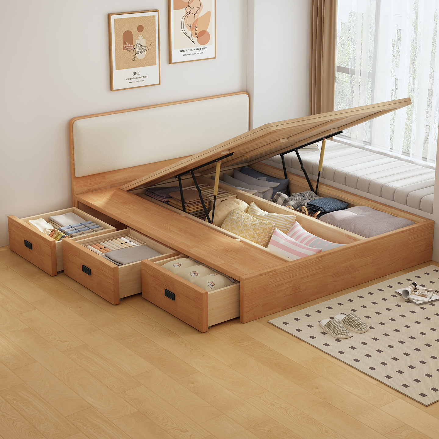 全实木薄床头高箱气压储物床小户型齐边落地式大容量抽屉收纳床箱,住宅家具,实木床,淘宝优惠券,粉丝福利购,淘宝优惠卷