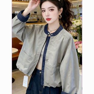 韩版牛仔拼接短外套女宽松立领夹克棒球服设计感上衣休闲长袖女装