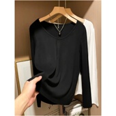 春款 女胖mm内搭宽松打底T恤慵懒风0201z 打底衫 大码 纯欲V领长袖