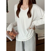 春款 胖mm内搭宽松打底T恤慵懒风0201z 女大码 V领纯欲长袖 打底衫
