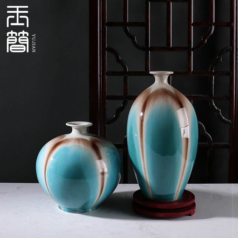 蓝色仿古冰裂纹窑陶瓷花瓶样板间民宿酒店家居酒柜玄关装饰品摆件