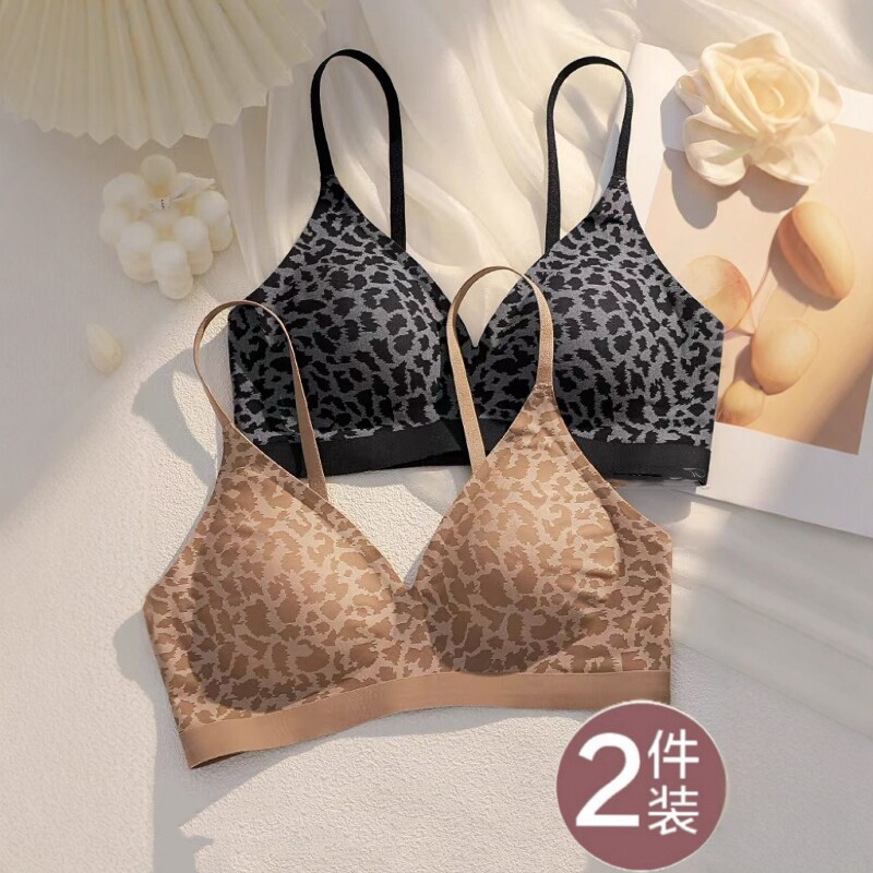 裸感性感豹纹印花无痕内衣女夏季小胸聚拢无钢圈收副乳防下垂文胸